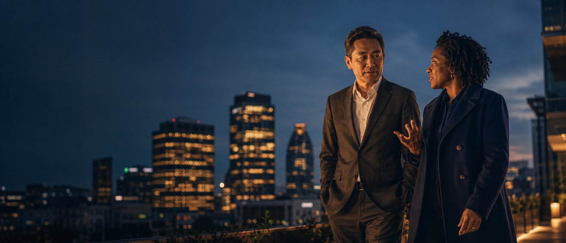 Two executives in a walking one-to-one conversation at dusk