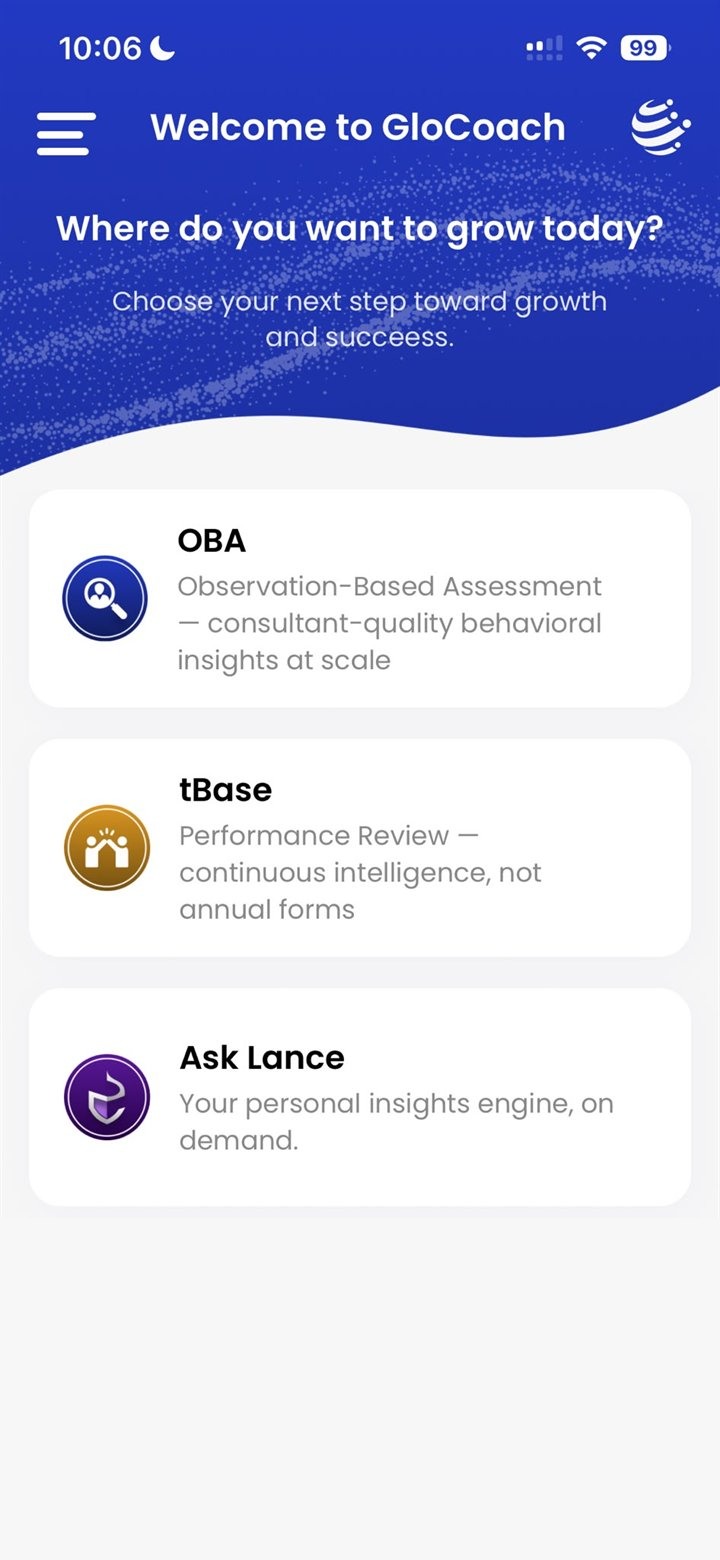 GloCoach mobile app home — the behavioral signals a leader engages in the flow of work