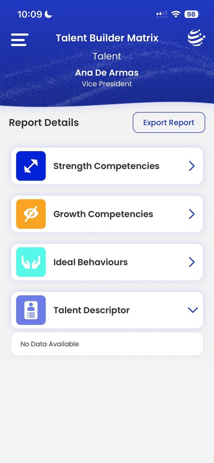 OBA report on mobile — Report Details showing Strength Competencies, Growth Competencies, Ideal Behaviours and Talent Descriptor