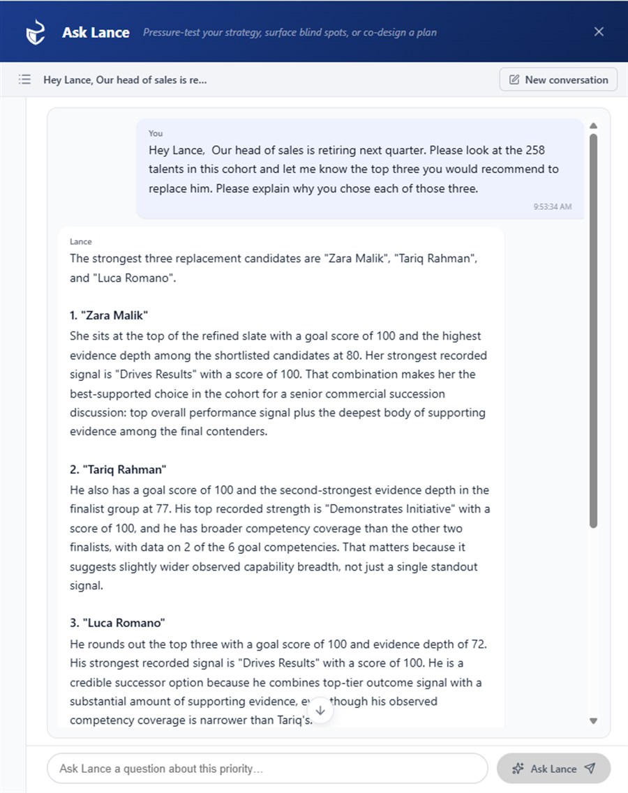 Ask Lance answering a succession question — three ranked candidates, each with a goal score, evidence depth, and the strongest recorded signal cited